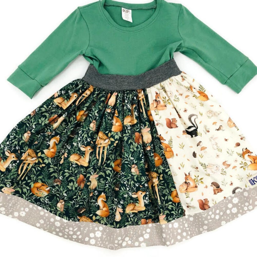 KPea Original Forest Woodland Friends Print Green Christmas Holiday Dress NEW